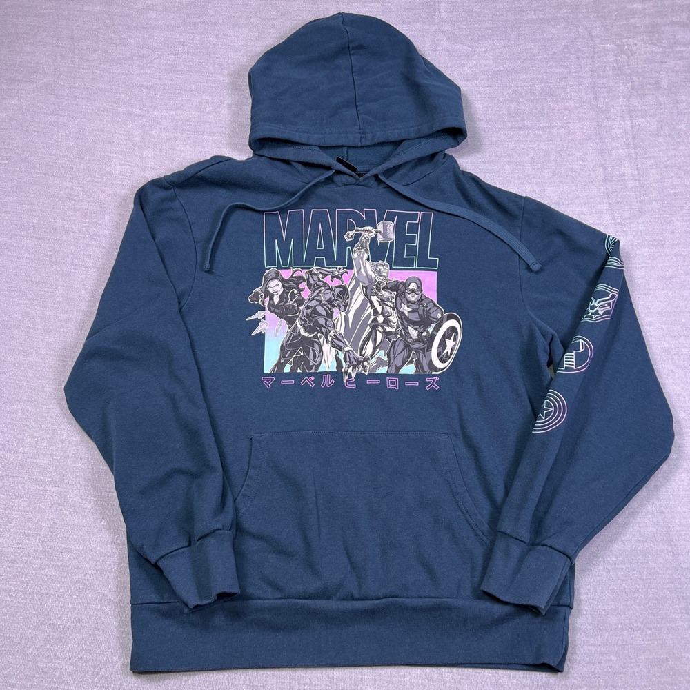 Marvel Avengers Anime Graphic Sleeve Print Hoodie Womens Medium Blue Cotton